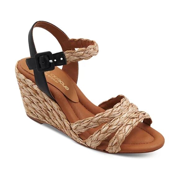 NWT Andre Assous Tan Milena Raffia Strap Black Espadrille Wedge Heel Sandals 10M - Picture 1 of 9